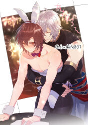 2boys alternate_costume animal_ears artist_name bare_shoulders black_gloves black_pantyhose blurry blurry_background border bow bowtie brown_hair collarbone doushite elbow_gloves fake_animal_ears fingerless_gloves gloves gold_trim granblue_fantasy grey_hair grey_leotard hair_between_eyes hug hug_from_behind leotard lucifer_(shingeki_no_bahamut) male_focus male_playboy_bunny multiple_boys pantyhose playboy_bunny rabbit_ears red_bow red_bowtie red_eyes sandalphon_(granblue_fantasy) short_hair strapless strapless_leotard trap twitter_username white_border white_wrist_cuffs wrist_cuffs yaoi