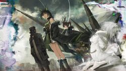2girls 2others ambiguous_gender amiya_(arknights) amiya_(medic)_(arknights) animal_ears arknights bare_shoulders barefoot black_coat black_gloves black_hair black_jacket brown_hair cat_ears cat_girl closed_eyes cloud coat commentary doctor_(arknights) dress dutch_angle gloves green_dress green_eyes grey_hair highres hood hood_up hooded_coat jacket kal&#039;tsit_(arknights) kneeling material_growth mon3tr_(arknights) multiple_girls multiple_others nueegochi off-shoulder_dress off-shoulder_jacket off_shoulder open_clothes open_coat oripathy_lesion_(arknights) outdoors priestess_(arknights) rabbit_ears rabbit_girl sky standing