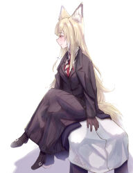 10_shii 1girl 1other absurdres animal_ear_fluff animal_ears apron arknights black_coat black_jacket black_shoes black_skirt blonde_hair blush brown_gloves closed_mouth coat coat_on_shoulders doctor_(arknights) fox_ears fox_girl gloves high_heels highres jacket long_hair long_skirt looking_to_the_side necktie orange_eyes red_necktie shoes sitting sitting_on_person skirt smile vulpisfoglia_(arknights) white_apron