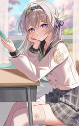 1girl absurdres black_bow black_hairband black_sailor_collar blue_eyes blue_pupils bow cellphone classroom closed_mouth commentary desk firefly_(honkai:_star_rail) from_side gradient_hair green_hair grey_hair grey_skirt hair_bow hairband highres holding holding_phone honkai:_star_rail honkai_(series) indoors kenomotsu_yukuwa letter light_blush long_hair long_sleeves looking_at_viewer love_letter multicolored_eyes multicolored_hair phone plaid_clothes plaid_skirt purple_eyes sailor_collar school_desk shirt sitting skirt smartphone smile solo thighhighs thighs two-tone_eyes white_shirt white_thighhighs zettai_ryouiki