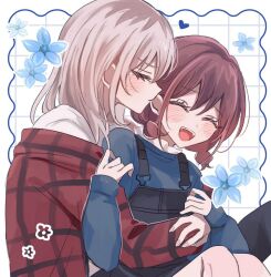 Rule 34 | 2girls, black skirt, blue flower, blue shirt, blush, closed eyes, closed mouth, commentary, flower, girls band cry, grey hair, grid background, hamchan69, highres, hug, hug from behind, iseri nina, kawaragi momoka, long hair, long sleeves, multiple girls, open clothes, open mouth, open shirt, plaid clothes, plaid shirt, red hair, red shirt, shirt, short twintails, skirt, smile, suspender skirt, suspenders, twintails, white background, white shirt, yuri