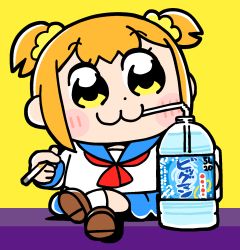 1girl :3 bkub blue_sailor_collar blue_skirt blush_stickers brown_shoes cigarette commentary_request crossed_legs dot_nose drinking_straw drinking_straw_in_mouth full_body hair_ornament hair_scrunchie highres holding holding_cigarette looking_to_the_side neckerchief orange_hair plastic_bottle poptepipic popuko red_neckerchief sailor_collar school_uniform scrunchie serafuku shirt shoes short_hair short_twintails shouchuu_(drink) simple_background sitting skirt socks solo translated twintails two_side_up white_shirt white_socks yellow_eyes yellow_scrunchie