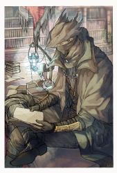 1boy black_mask black_pants bloodborne book book_stack bookshelf boot_straps boots brown_eyes brown_hair cloak coat gauntlets gloves gun hat haze highres holding holding_book hunter_(bloodborne) indoors knee_boots lantern layered_clothes long_sleeves male_focus mask messengers_(bloodborne) mouth_mask nigiri_(ngr24) pages pants reading short_hair sitting solo sword top_hat tricorne weapon