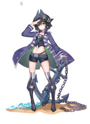 1girl absurdres alternate_costume anchor anchor_symbol arm_up bad_id bad_pixiv_id belt black_boots black_hair black_hat black_shorts black_vest blue_coat boots chain coat commentary_request crop_top female_focus full_body green_eyes grey_belt grey_thighhighs hair_between_eyes hat head_tilt highres knee_boots long_sleeves looking_at_viewer midriff murasa_minamitsu mxr navel open_clothes open_coat salute short_hair short_shorts shorts simple_background smile solo standing stomach striped_clothes striped_thighhighs thighhighs thighs touhou tricorne vertical-striped_clothes vertical-striped_thighhighs vest water white_background