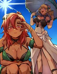 2girls :d bikini blonde_hair blush bracelet breasts cleavage closed_mouth constance_von_nuvelle constance_von_nuvelle_(summer) dark-skinned_female dark_skin drill_hair drill_sidelocks fire_emblem fire_emblem:_three_houses fire_emblem_heroes flower folding_fan from_below green_bikini hair_flower hair_ornament hairband hand_fan hapi_(fire_emblem) hapi_(summer)_(fire_emblem) highres holding holding_fan holding_umbrella jewelry kashiwa_e3 large_breasts laughing medium_breasts medium_hair multicolored_hair multiple_girls navel nintendo official_alternate_costume one-piece_swimsuit open_mouth outdoors parasol purple_hair red_eyes red_hair sarong sidelocks smile squatting swimsuit umbrella underboob white_one-piece_swimsuit white_sarong