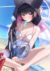 1girl alternate_costume animal_ears ball beachball black_choker blue_archive cat_choker cat_ears choker colored_inner_hair extra_ears halo highres kazu_(kauk3753) kazusa_(blue_archive) multicolored_hair pink_hair pink_halo solo two-tone_hair