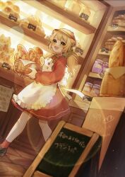 1girl :d absurdres animal_ears apron baguette bakery basket blonde_hair bread cat_ears dress food green_eyes hat hi_hiiii highres holding holding_basket indoors jam jar lens_flare light_particles long_sleeves low_ponytail open_mouth original ponytail red_dress shelf shop smile sunlight walking white_apron window