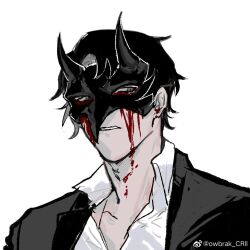 1boy black_coat black_eyes black_hair blood blood_on_face blood_on_neck bloody_tears clenched_teeth coat collarbone collared_shirt library_of_ruina male_focus mask messy_hair open_clothes open_shirt project_moon roland_(project_moon) second-party_source shirt short_hair side-eyed solo teeth upper_body white_shirt wuruko