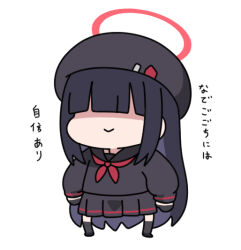 1girl beret black_gloves black_hair black_hat black_sailor_collar black_serafuku black_shirt black_shoes black_skirt black_thighhighs blue_archive chibi closed_mouth commentary_request faceless faceless_female full_body gloves hair_over_eyes halo hat justice_task_force_member_(blue_archive) long_sleeves nyaru_(nyaru_4126) pleated_skirt puffy_long_sleeves puffy_sleeves sailor_collar school_uniform serafuku shirt shoes simple_background skirt smile solo standing thighhighs translation_request white_background