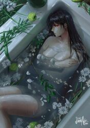 1girl absurdres apple arm_around_chest bare_shoulders bath bathtub black_hair breasts chainsaw_man collarbone completely_nude facial_mark facing_to_the_side flower food fruit green_apple hair_between_eyes hair_over_shoulder highres in_bathtub in_water large_breasts long_hair looking_at_viewer luxearte nude petals plant profile red_eyes scar scar_on_face signature solo thighs water wet wet_face wet_hair white_flower white_petals yoru_(chainsaw_man)