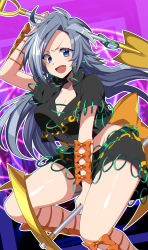 1girl absurdres ahoge ankle_bow ankle_ribbon arm_at_side arm_strap bad_feet barefoot belly_chain black_shirt black_skirt blouse blue_eyes blue_hair bow floating_hair full_body grin half-closed_eye hand_on_own_cheek hand_on_own_face hands_up head_rest highres himemushi_momoyo holding holding_shovel huge_filesize jewelry kamenozoki_momomo leg_ribbon leg_strap leg_up long_hair midriff miniskirt orange_bow parted_bangs pickaxe raised_eyebrow ribbon ring severed_hair sharp_teeth shirt short_sleeves shovel simple_background skirt skirt_set smile solo teeth tools touhou unconnected_marketeers uneven_eyes very_long_hair white_background wrist_bow