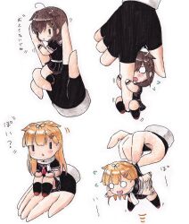 2girls ahoge black_serafuku black_skirt black_socks blonde_hair blush brown_hair commentary_request fingerless_gloves flying_sweatdrops gloves hair_flaps hair_ornament hair_ribbon hairclip highres kantai_collection kneehighs long_hair mini_person minigirl multiple_girls multiple_views neckerchief o_o open_mouth pleated_skirt poipoi_purin ribbon scarf school_uniform serafuku shigure_(kancolle) shigure_kai_ni_(kancolle) short_sleeves simple_background skirt socks translation_request white_background white_scarf yuudachi_(kancolle) yuudachi_kai_ni_(kancolle)