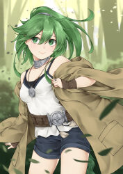 1girl absurdres blurry blurry_background breasts brown_cloak camisole cloak closed_mouth duel_monster green_eyes green_hair highres jewelry medium_breasts meshida_(lux-far-accelerator) necklace ponytail ring short_shorts shorts solo thighs white_camisole winda_(yu-gi-oh!) winda_priestess_of_gusto wristband yu-gi-oh!