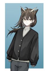 1girl absurdres ahoge arknights arms_at_sides black_cardigan black_pants blue_background border bright_pupils brown_hair buttons cardigan closed_mouth commentary_request cowboy_shot crossed_bangs grey_sweater hair_between_eyes highres long_hair outside_border pants silence_(arknights) sleeves_past_wrists smile solo standing sweater turtleneck turtleneck_sweater udo_(akn_otk) white_border white_pupils yellow_eyes