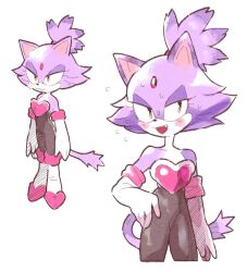 1girl animal_ears blaze_the_cat cat_ears cat_girl cat_tail cosplay fang flying_sweatdrops forehead_jewel furry furry_female gloves hand_on_own_hip inkerton-kun multiple_views open_mouth ponytail rouge_the_bat rouge_the_bat_(cosplay) simple_background smile sonic_(series) sweat tail white_background white_footwear white_gloves yellow_eyes