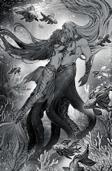 1boy 1girl aerith_gainsborough air_bubble armor breasts bubble closed_eyes closed_mouth coral dated final_fantasy final_fantasy_vii fins fish flower gills greyscale hair_flower hair_ornament head_fins highres hug kay-i long_bangs long_hair mermaid merman monochrome monster_boy monster_girl monsterification octopus_boy parted_bangs pointy_ears scales sephiroth twitter_username underwater