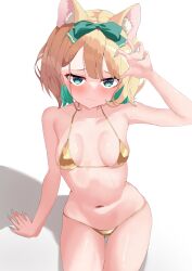 Rule 34 | 1girl, absurdres, animal ear fluff, animal ears, aqua eyes, aqua hair, aqua nails, bikini, blonde hair, blush, bow, breasts, cat ears, claw pose, colored inner hair, commentary, english commentary, gold bikini, hair bow, highres, looking at viewer, medium hair, millie parfait, mon monn, multicolored hair, navel, nijisanji, nijisanji en, sitting, small breasts, sweat, swimsuit, thigh gap, virtual youtuber, white background