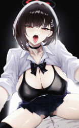 Rule 34 | 1boy, 1girl, alternate costume, alternate hair length, alternate hairstyle, black background, black bow, black bra, black choker, black hair, black panties, black thighhighs, blue archive, blue skirt, bow, bra, bra visible through clothes, breasts, choker, cleavage, clothes lift, ei (eiei e1), halo, highres, large breasts, open mouth, panties, red eyes, red halo, rio (blue archive), saliva, shirt, shirt lift, short hair, simple background, sitting, sitting on person, skirt, teeth, thighhighs, tongue, tongue out, underwear, upper teeth only, white shirt