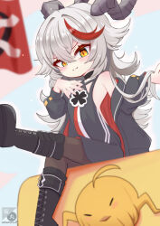 1girl :3 aged_down azur_lane black_boots black_dress black_horns black_pantyhose boots dress hair_between_eyes hands_up horns little_aegir_(azur_lane) long_hair looking_at_viewer manjuu_(azur_lane) multicolored_hair pantyhose red_hair sakamarujp sitting streaked_hair white_hair yellow_eyes