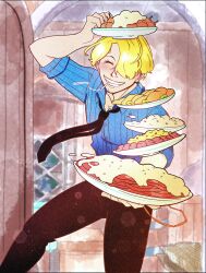 1boy ^_^ absurdres black_necktie black_pants blue_shirt cigarette closed_eyes commentary cowboy_shot curly_eyebrows english_commentary facial_hair goatee hair_over_one_eye highres holding holding_plate male_focus necktie on_head one_piece pants plate reverzaart2 sanji_(one_piece) shirt short_hair solo striped_clothes striped_shirt vertical-striped_clothes vertical-striped_shirt