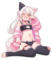 1girl :d animal_ears black_bra black_panties black_thighhighs bra breasts cardigan cat_cutout cat_ear_panties cat_ears cat_girl cat_lingerie cat_tail clothing_cutout collar fang full_body highres long_hair long_sleeves looking_at_viewer meme_attire navel off_shoulder open_cardigan open_clothes open_mouth original panties paw_print_tattoo pink_cardigan prosthetic_ear rubbing_eyes simple_background sitting skin_fang sleepy small_breasts smile stirrup_legwear stomach striped_cardigan tail tears thighhighs toeless_legwear ug_(nekonekodou) underwear wariza white_background white_cardigan white_hair yellow_eyes