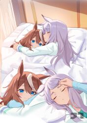 Rule 34 | 2girls, absurdres, adjusting another&#039;s hair, animal ears, arms around neck, artist logo, bed, bed sheet, blue eyes, blue pajamas, blush, brown hair, closed eyes, closed mouth, commentary, commentary request, cropped torso, curled fingers, curtains, english commentary, facing another, fingernails, green jacket, green pajamas, hair between eyes, head on pillow, heads together, highres, horse ears, horse girl, hug, indoors, jacket, jtleeklm, logo, long hair, long sleeves, lying, mejiro mcqueen (umamusume), mixed-language commentary, multicolored hair, multiple girls, multiple views, on back, on bed, on side, pajamas, parted lips, pillow, pink nails, purple hair, sleeping, smile, streaked hair, thick eyebrows, tokai teio (umamusume), two-tone hair, umamusume, under covers, white streaks, yuri