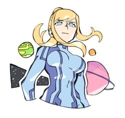 Rule 34 | 1girl, blonde hair, blue bodysuit, blue eyes, bodysuit, breasts, closed mouth, cropped torso, from below, furrowed brow, highres, long hair, medium breasts, metroid, nintendo, planet, planetary ring, ponytail, samus aran, sidelocks, solo, starrymarii, upper body, white background, zero suit