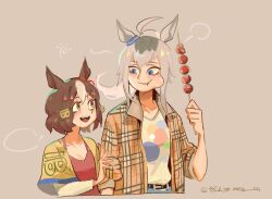 2girls :d :t ahoge animal_ears belno_light_(umamusume) belt blank_speech_bubble blue_eyes blue_pants bob_cut bow brown_background brown_hair casual collared_shirt commentary_request dress_shirt ear_ribbon eating eye_contact food_request grey_hair grmarsa hair_ornament height_difference highres holding holding_skewer horse_ears horse_girl letter_hair_ornament long_sleeves looking_at_another multiple_girls oguri_cap_(umamusume) open_clothes open_mouth open_shirt orange_eyes pants plaid_clothes plaid_shirt red_ribbon red_tank_top ribbon shirt short_hair simple_background skewer smile speech_bubble t-shirt tank_top umamusume umamusume:_cinderella_gray upper_body white_hair