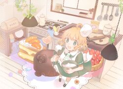 1girl ahoge baking blonde_hair bowl cake chef_hat chocolate_cake cookie dress food fruit green_dress green_eyes hanging_light hat highres holding holding_bowl holding_whisk indie_virtual_youtuber kitchen looking_at_viewer mandarin_orange mirin_ko necktie open_mouth rolling_pin rug salt solo spatula stove granulated_sugar teapot totoki_saki virtual_youtuber whipped_cream whisk wooden_floor