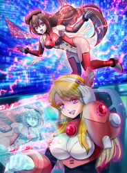 2girls absurdres alia_(mega_man) bare_shoulders blonde_hair blue_eyes blue_lips breasts brown_hair commission corruption dark_persona electricity energy_wings glowing glowing_eyes hat highres holographic_interface iris_(mega_man) kiwakiwa large_breasts leotard long_hair mega_man_(series) mega_man_x_(series) mind_control multicolored_leotard multiple_girls pixiv_commission red_eyes red_hat red_leotard two-tone_leotard white_leotard