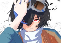 Rule 34 | 1girl, absurdres, androgynous, black hair, blue jacket, blue streaks, commentary request, goggles, goggles on head, guilty gear, guilty gear strive, guilty gear strive: dual rulers, highres, jacket, looking at viewer, multicolored hair, open clothes, open jacket, polimaru, portrait, red eyes, short hair, simple background, smile, solo, streaked hair, sweater, tomboy, turtleneck, turtleneck sweater, unika (guilty gear), white background, white sweater