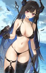 1girl absurdres asymmetrical_horns asymmetrical_legwear bare_shoulders beach bident bikini black_bikini black_hair black_thighhighs blue_hair breasts cleavage collarbone colored_inner_hair crystal_horns dayshiart demon_horns flower hair_between_eyes hair_ornament highleg highleg_bikini highres holding holding_polearm holding_weapon hololive hololive_english horn_flower horns large_breasts long_hair looking_at_viewer micro_bikini mismatched_legwear mole mole_under_eye multicolored_hair navel nerissa_ravencroft o-ring o-ring_thigh_strap polearm red_eyes shadow_(nerissa_ravencroft) single_thighhigh smile solo stomach string_bikini swimsuit thigh_strap thighhighs two-tone_hair uneven_horns uneven_legwear very_long_hair virtual_youtuber weapon