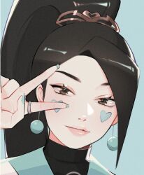 1girl animification asian black_hair blue_nails earrings heart highres hyoon_(sockgyu) jewelry light_smile nail_polish orb pearl_earrings ponytail ring robe sage_(valorant) solo v valorant