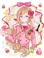 1girl absurdres animal animal_on_shoulder axis_powers_hetalia blonde_hair braid braided_ponytail brooch card cat cat_on_shoulder chess_piece cropped_torso cubed_(houkuaid) food fruit glasses hair_ornament hair_ribbon hairclip highres holding holding_card jacket jewelry long_hair looking_at_viewer monaco_(hetalia) playing_card purple_eyes ribbon ring single_braid smile solo strawberry