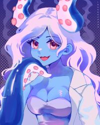Rule 34 | 1girl, absurdres, blue skin, breasts, cleavage, colored skin, highres, idawnrunner, lab coat, large breasts, long hair, looking at viewer, molly (omori), monster girl, omori, open mouth, red eyes, scylla, smile, solo, tentacle hair, tentacles, upper body, white hair
