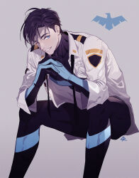 1boy armor_under_clothes black_hair blue_eyes bodysuit bodysuit_under_clothes dc_comics dick_grayson elbows_on_knees feet_out_of_frame highres interlocked_fingers legs_up loose_necktie male_focus necktie nightwing one_eye_closed open_clothes open_shirt police police_uniform policeman signature simple_background smile solo stariver00 two-tone_bodysuit