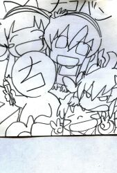 Rule 34 | 1boy, 4girls, absurdres, ainu clothes, chibi, closed eyes, double v, fingerless gloves, gloves, hair ribbon, happy, highres, japanese text, long hair, looking at viewer, monochrome, multiple girls, nakoruru, nomeno mizuha, original, pencil, ribbon, samurai spirits, sitting, sketch, smile, snk, the king of fighters, traditional media, translation request, v