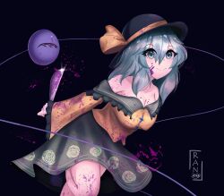 1girl absurdres blood breasts dress green_eyes green_hair hat highres knife komeiji_koishi large_breasts ran_sk ribbon short_hair simple_background touhou