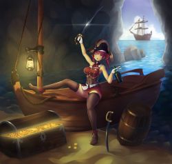 1girl abs absurdres arm_up armpits barrel bicorne black_thighhighs blush boat bodysuit boots bottle bow cave covered_navel cutlass glass_bottle gloves gold hair_bow hat heterochromia highres hololive houshou_marine lantern looking_at_viewer miniskirt oar open_mouth pirate_hat pirate_ship red_bow red_eyes red_hair rowboat sand skirt sleeveless solo sword thighhighs thighs treasure_chest twintails virtual_youtuber warmcummies water watercraft weapon white_gloves yellow_eyes