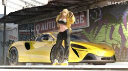 Rule 34 | 1girl, absurdres, arms behind head, artist name, bare shoulders, black pants, black sports bra, blonde hair, breasts, car, casual, city, cleavage, commentary, english commentary, english text, full body, garage, graffiti, hair over one eye, highres, jacket, jewelry, long hair, long sleeves, looking at viewer, louu heroo, medium breasts, motor vehicle, navel, necklace, open clothes, open jacket, open mouth, original, pants, parted lips, race vehicle, racecar, red eyes, road, shoes, sidelocks, sneakers, solo, sports bra, sports car, sportswear, standing, street, vehicle request, yellow car, yellow jacket, yoga pants