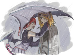 2girls a.i._voice adachi_rei detached_sleeves drill_hair iwashi_(wawaisi_iwasi) jacket kasane_teto looking_at_another multiple_girls open_clothes open_jacket open_mouth orange_hair outdoors rain red_hair shirt sleeveless sleeveless_shirt standing taking_shelter twin_drills under_wing upper_body utau wings