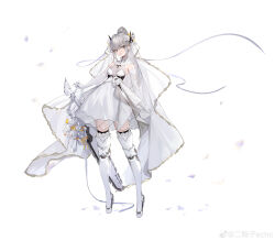 1girl absurdres bouquet breasts commentary_request dress elbow_gloves ergouzi_echo flower full_body gloves grey_eyes grey_hair grey_ribbon gun hair_flower hair_ornament high_ponytail highres long_hair looking_at_viewer mechanical_legs nanami_(pgr) open_mouth ponytail punishing:_gray_raven simple_background small_breasts solo spiked_hair_ornament teeth thighhighs upper_teeth_only veil very_long_hair watermark weapon weibo_watermark white_background white_dress white_flower white_gloves white_veil zettai_ryouiki
