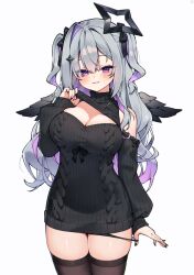Rule 34 | 1girl, absurdres, amane konata, bare shoulders, black panties, black sweater, black thighhighs, breasts, cleavage, cleavage cutout, clothing cutout, cowboy shot, grey hair, highres, hololive, large breasts, meme attire, multicolored hair, panties, panty pull, purple eyes, purple hair, seion, simple background, solo, streaked hair, sweater, thighhighs, two-tone hair, underwear, virgin killer sweater, virtual youtuber, white background