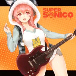Rule 34 | 1girl, animal ears, animal print, breasts, electric guitar, guitar, headphones, highres, hood, instrument, large breasts, non-web source, open mouth, orange background, pink eyes, pink hair, plectrum, shizush, skirt, standing, super sonico, wide hips