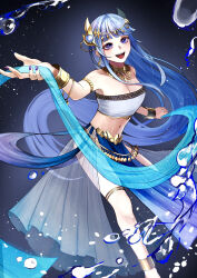 1girl :d absurdres blue_gemstone blue_hair bracelet breasts cleavage cross_in_eye dancer fantasy fingernails gem headdress highres holding_cloth jewelry large_breasts navel necklace nekotokage open_mouth original pelvic_curtain purple_eyes purple_nails smile solo sparkle stomach strapless teeth tongue tube_top upper_teeth_only water_drop white_tube_top