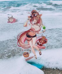 1girl absurdres animal_ears deer_ears deer_girl deer_horns exitus food glasses highres kannazuki_lubee long_hair navel ocean one_eye_closed parfait photo_(medium) sandals swimsuit thigh_strap very_long_hair virtual_youtuber