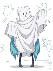 1girl black_boots blue_hair boots commentary digiral english_commentary full_body ghost ghost_costume hands_up hatsune_miku highres long_hair sheet_ghost solo spring_onion twintails very_long_hair vocaloid
