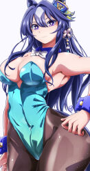 absurdres animal_ears aqua_leotard black_pantyhose blue_collar blue_hair blue_wrist_cuffs bow bowtie breasts cleavage collar detached_collar ear_covers hair_between_eyes highleg highleg_leotard highres horse_ears horse_girl horse_tail large_breasts leotard long_hair looking_at_viewer mole mole_under_eye nontraditional_playboy_bunny pantyhose purple_eyes single_ear_cover tail takllou umamusume verxina_(umamusume) white_bow white_bowtie wrist_cuffs