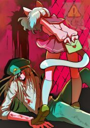 ._. 1boy 1girl absurdres alternate_costume arms_behind_back blood commentary_request grey_hair hat highres hunter_x_hunter injury kite kite_(hunter_x_hunter) kneehighs letter long_hair looking_down looking_up love_letter lying neferpitou on_back school_uniform short_hair socks stepped_on tamvn7dloekjfu7