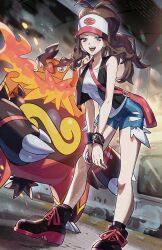 1girl absurdres aegyo_sal bag bare_shoulders baseball_cap bent_over black_vest blue_shorts breasts brown_hair commentary denim denim_shorts emboar english_commentary fangs fire full_body gen_5_pokemon hat high_ponytail highres hilda_(pokemon) holding holding_poke_ball long_hair medium_breasts nintendo open_mouth pig poke_ball pokemon pokemon_bw ponytail ryairyai shirt shorts smile solo_focus subway_station vest white_hat white_shirt